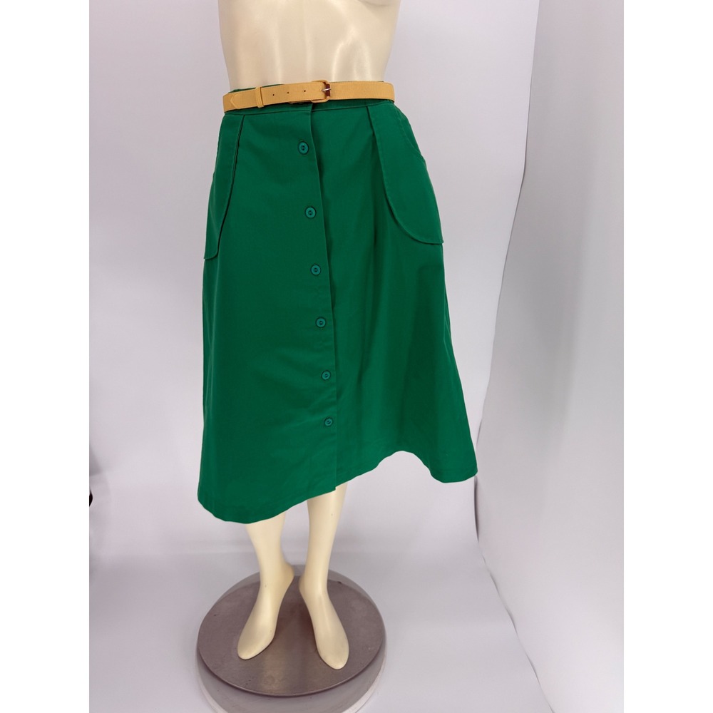 Vintage‎ 70s Kelly Green Button Front Midi Skirt Patch Pockets Mod Boho 30W